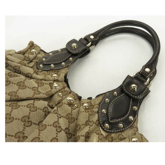 💯 AUTH GUCCI GG CANVAS LEATHER STUDED GATHER BAG - Picture 5 of 9